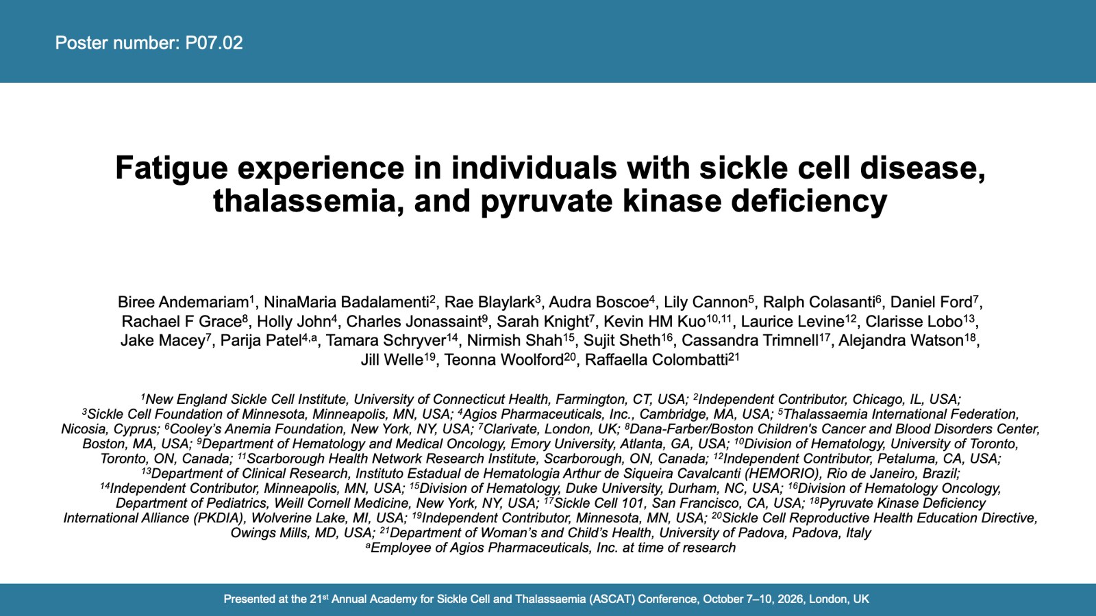 Fatigue experience in individuals with sickle cell disease, thalassemia, and pyruvate kinase deficiency